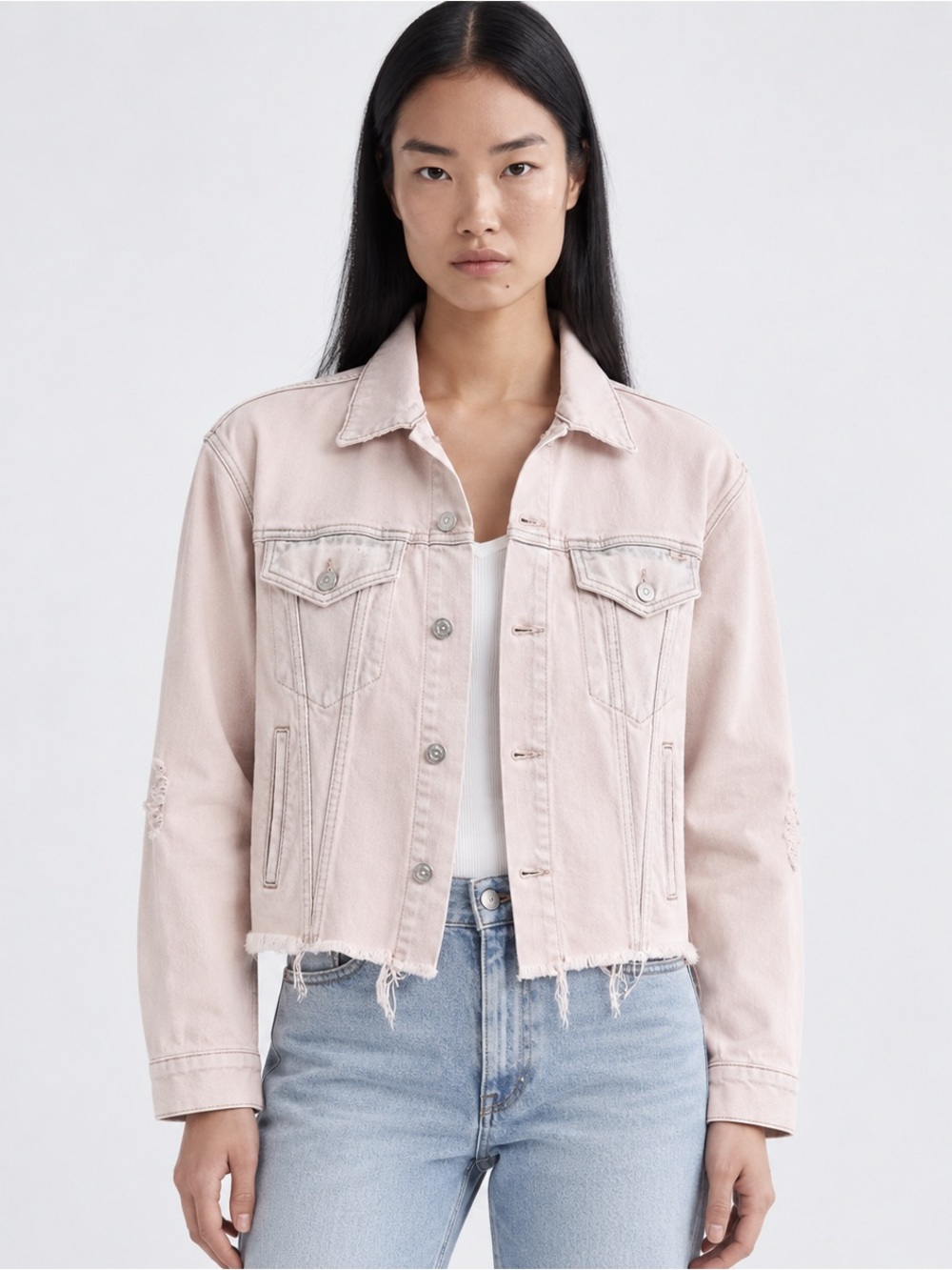 MOTHER The Cut Drifter Jacket Azalea Pink Raw Hem Denim Small